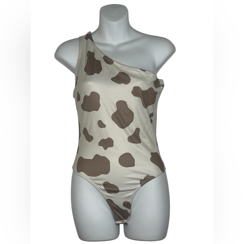 Saints & Hearts Asymmetrical Brown and Cream Bodysuit with Cow Print Small NWT‎